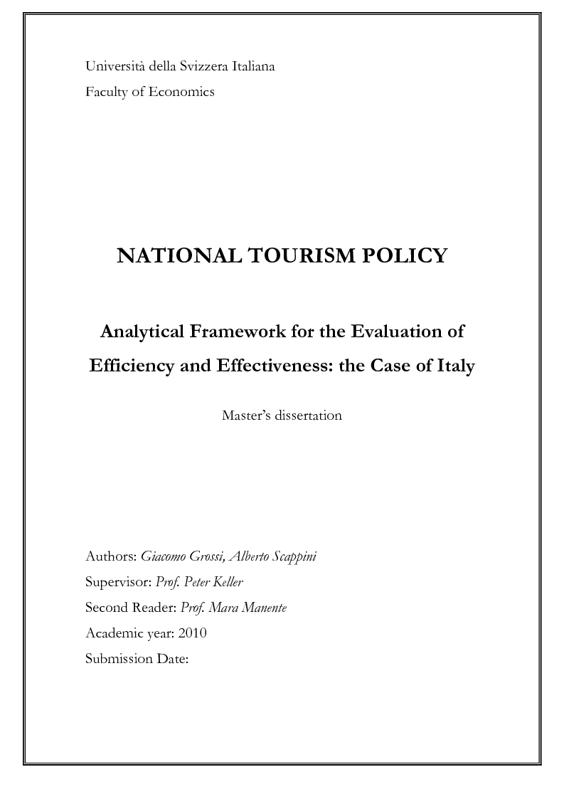 Anteprima della tesi: National Tourism Policy. Analytical Framework for the Evaluation of Efficiency and Effectiveness: The Case of Italy, Pagina 1