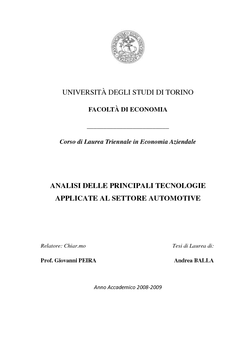 Anteprima della tesi: Analisi delle principali tecnologie applicate al settore automotive, Pagina 1
