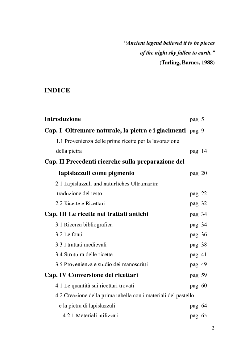 Indice della tesi: Le ricette sul Blu Oltremare nei Trattati dal XIII al XVII secolo, Pagina 1