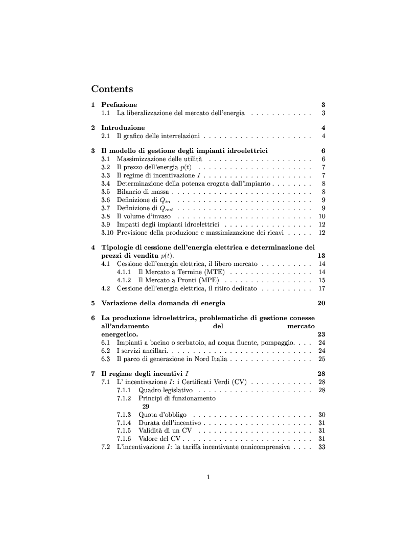 Indice della tesi: La gestione degli impianti idroelettrici: un modello idrologico, economico, ecologico, Pagina 1