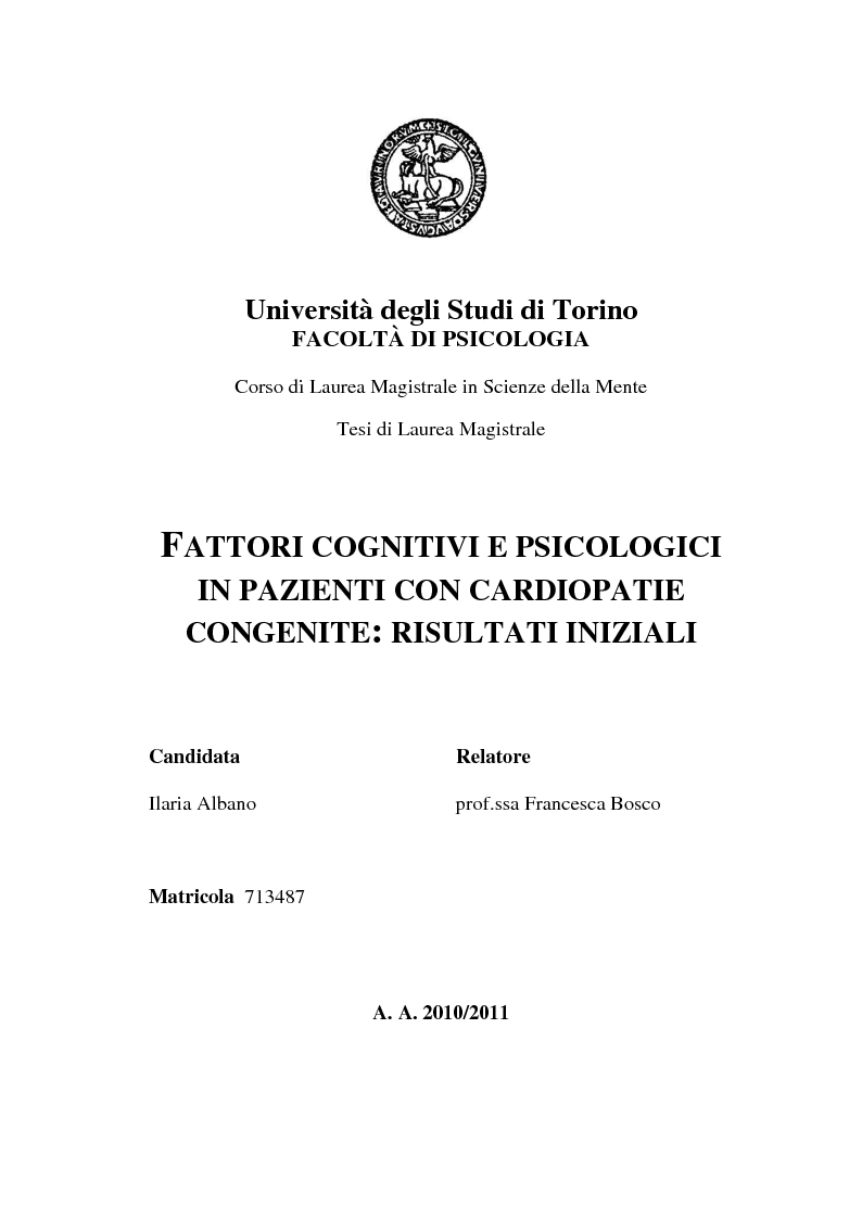 Anteprima della tesi: Fattori cognitivi e psicologici in pazienti con cardiopatie congenite: risultati iniziali, Pagina 1