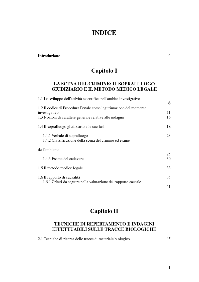 Indice della tesi: La ricostruzione dell'evento delittuoso attraverso l'analisi delle tracce biologiche, Pagina 1