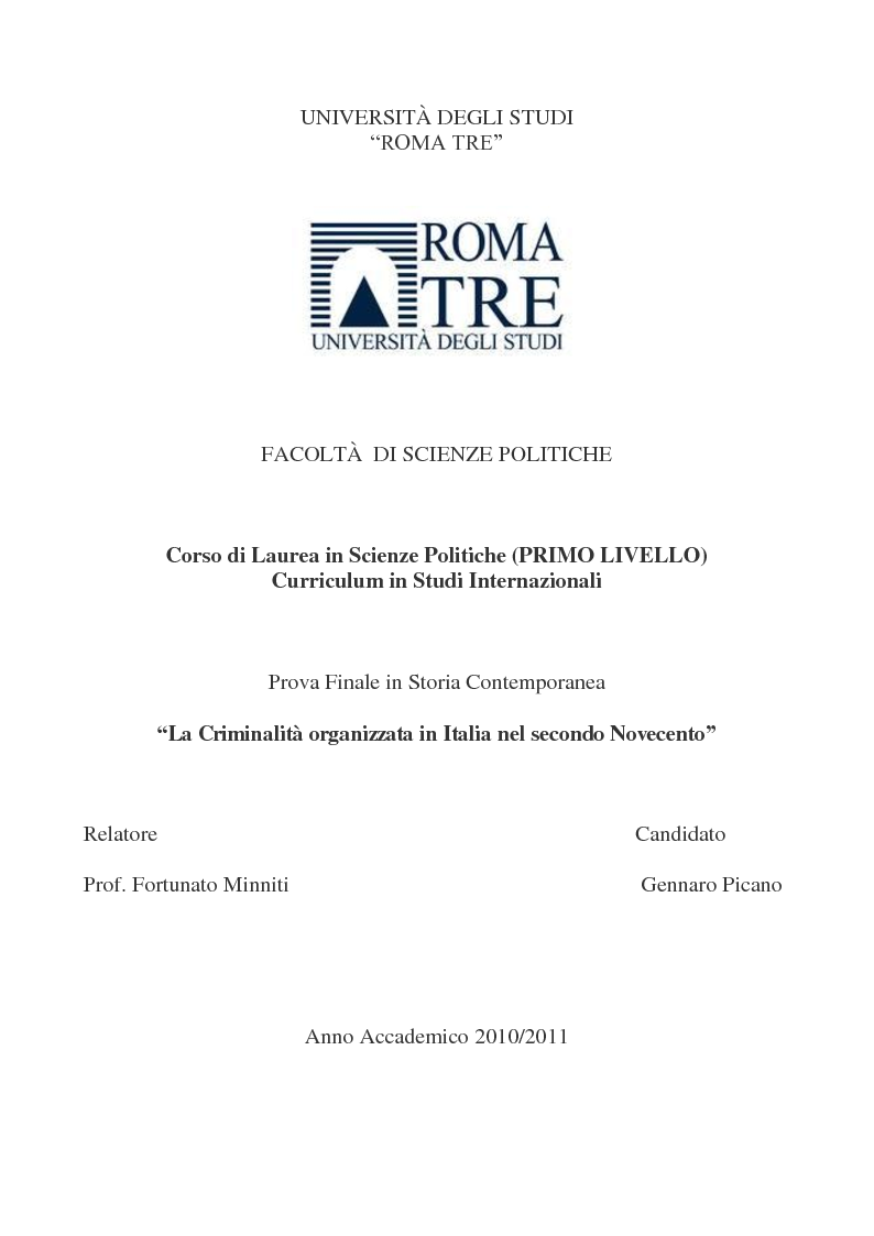 Anteprima della tesi: La Criminalità Organizzata in Italia nel secondo Novecento, Pagina 1