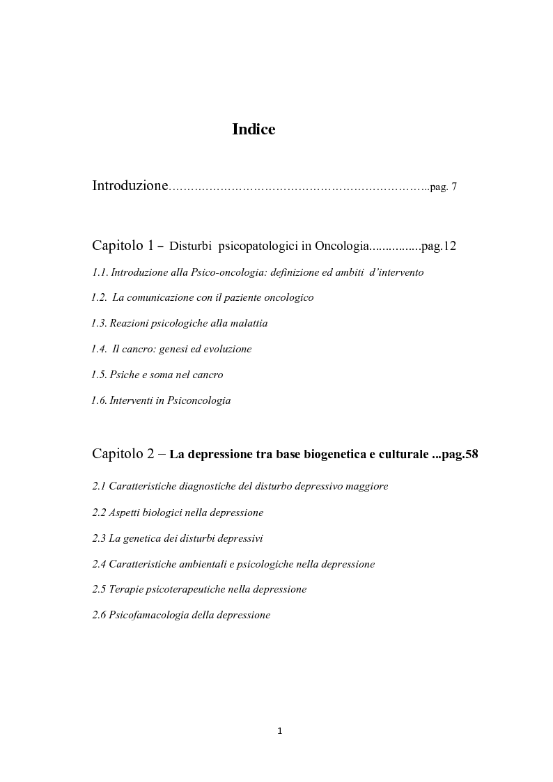 Indice della tesi: Problematiche psicopatologiche in oncologia: cenni epidemiologici sulla depressione, Pagina 1