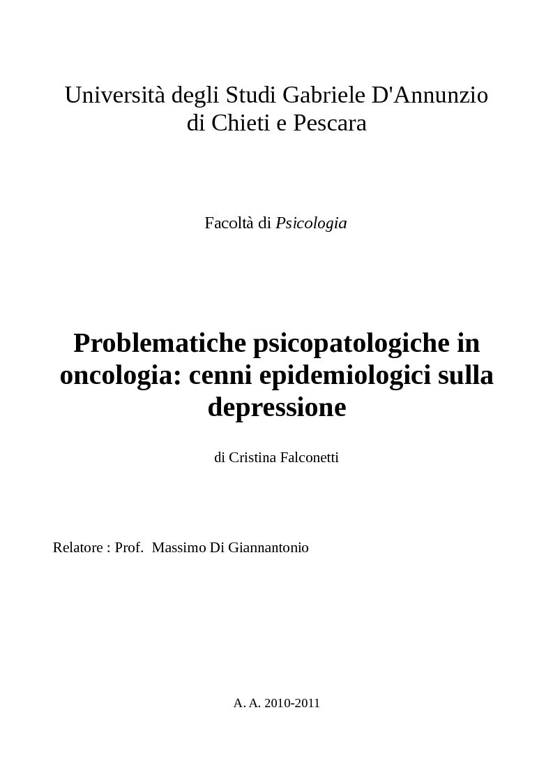 Anteprima della tesi: Problematiche psicopatologiche in oncologia: cenni epidemiologici sulla depressione, Pagina 1