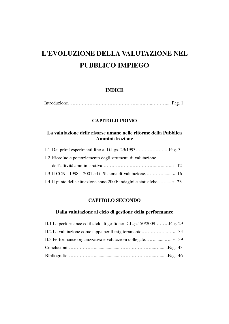 Indice della tesi: L'evoluzione della valutazione nel pubblico impiego, Pagina 1