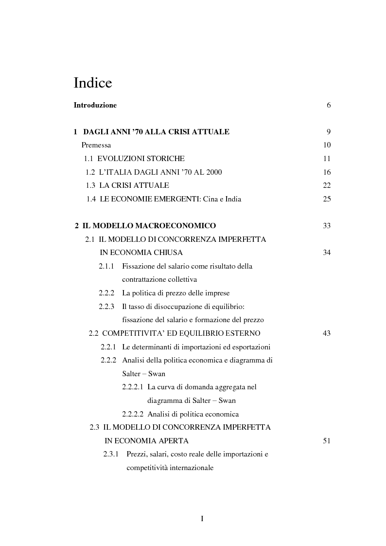 Indice della tesi: Inflazione importata, distribuzione del reddito ed equilibrio macroeconomico: effetti del nuovo modello contrattuale, Pagina 1