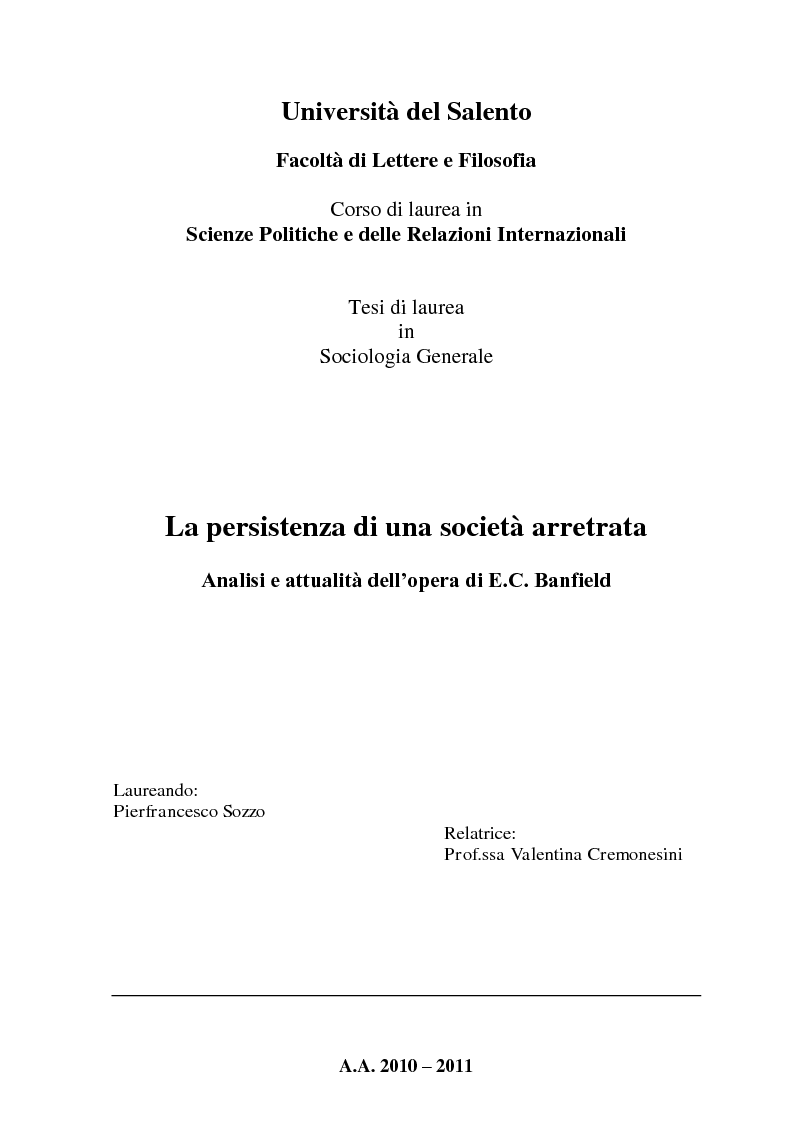 Anteprima della tesi: La persistenza di una società arretrata. Analisi e attualità dell'opera di E. C. Banfield, Pagina 1