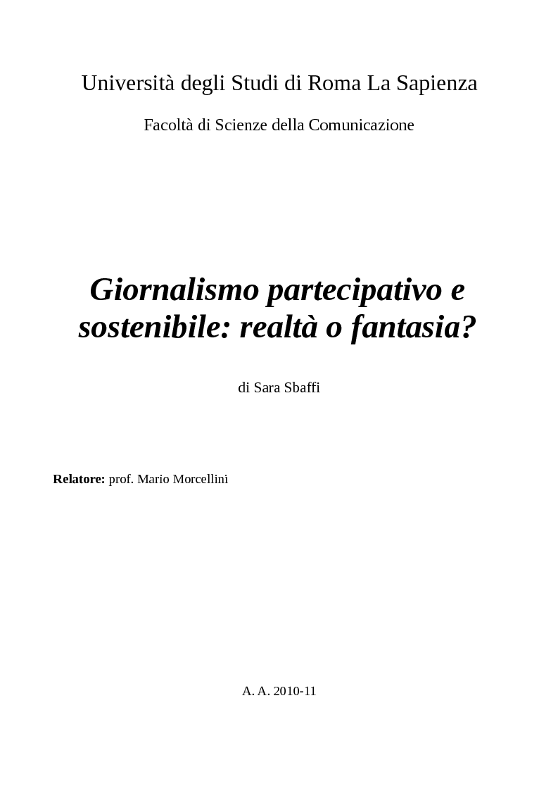 Anteprima della tesi: Giornalismo partecipativo e sostenibile: realtà o fantasia?, Pagina 1