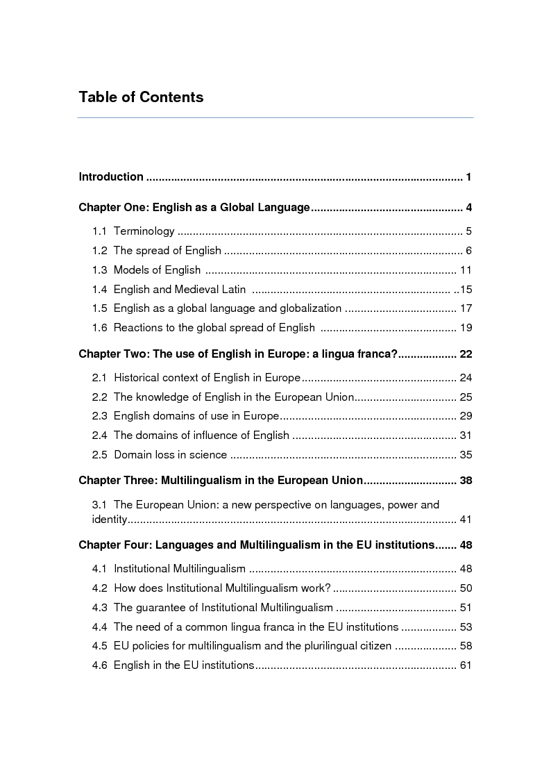 Indice della tesi: The role of Euro-English as a new potential variety in the multilingual European institutions: a social and linguistic study, Pagina 1