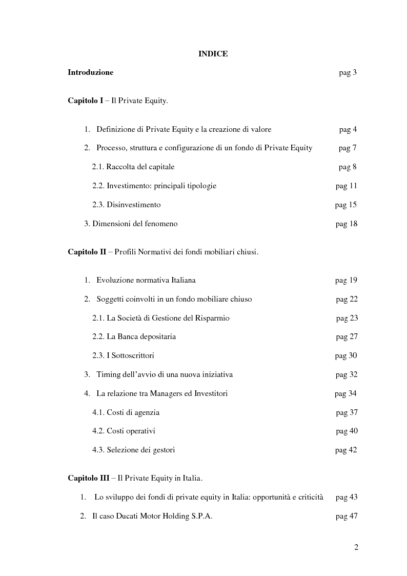 Indice della tesi: I fondi chiusi di Private Equity: definizione e profili normativi, Pagina 1