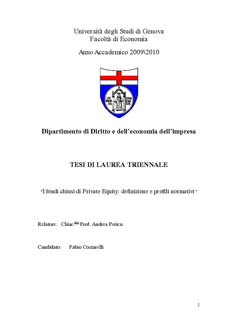Anteprima della tesi: I fondi chiusi di Private Equity: definizione e profili normativi, Pagina 1