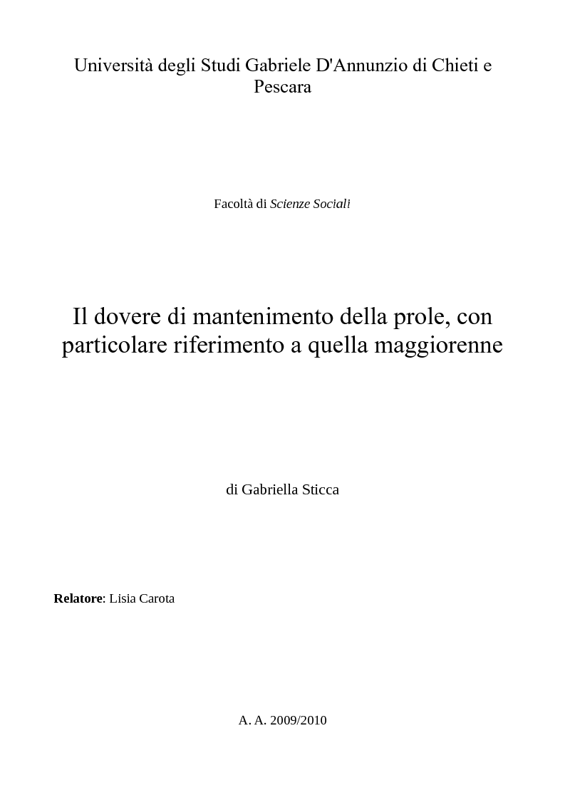 Anteprima della tesi: Il dovere di mantenimento della prole, con particolare riferimento a quella maggiorenne., Pagina 1