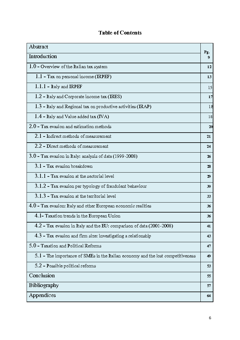 Indice della tesi: Tax Evasion in Italy and the EU: Investigating a Relationship, Pagina 1