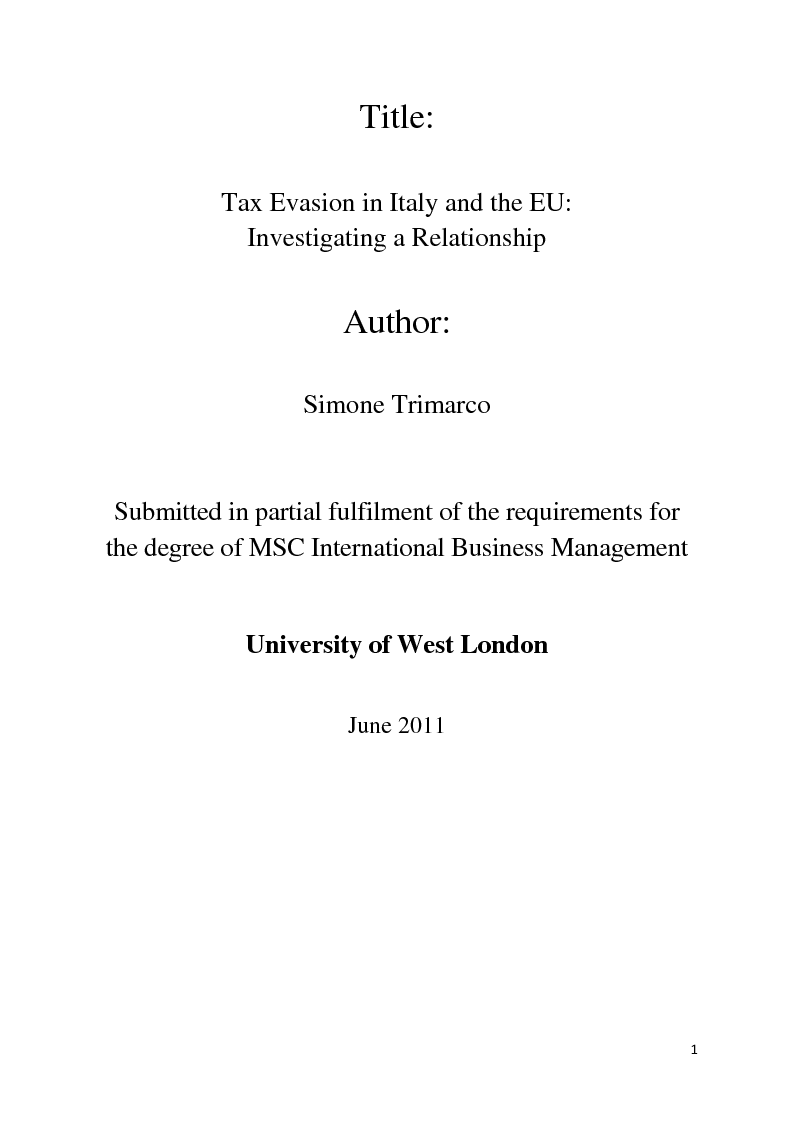 Anteprima della tesi: Tax Evasion in Italy and the EU: Investigating a Relationship, Pagina 1