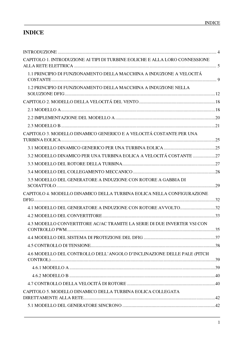 Indice della tesi: Modelli dinamici per un gruppo eolico, Pagina 1
