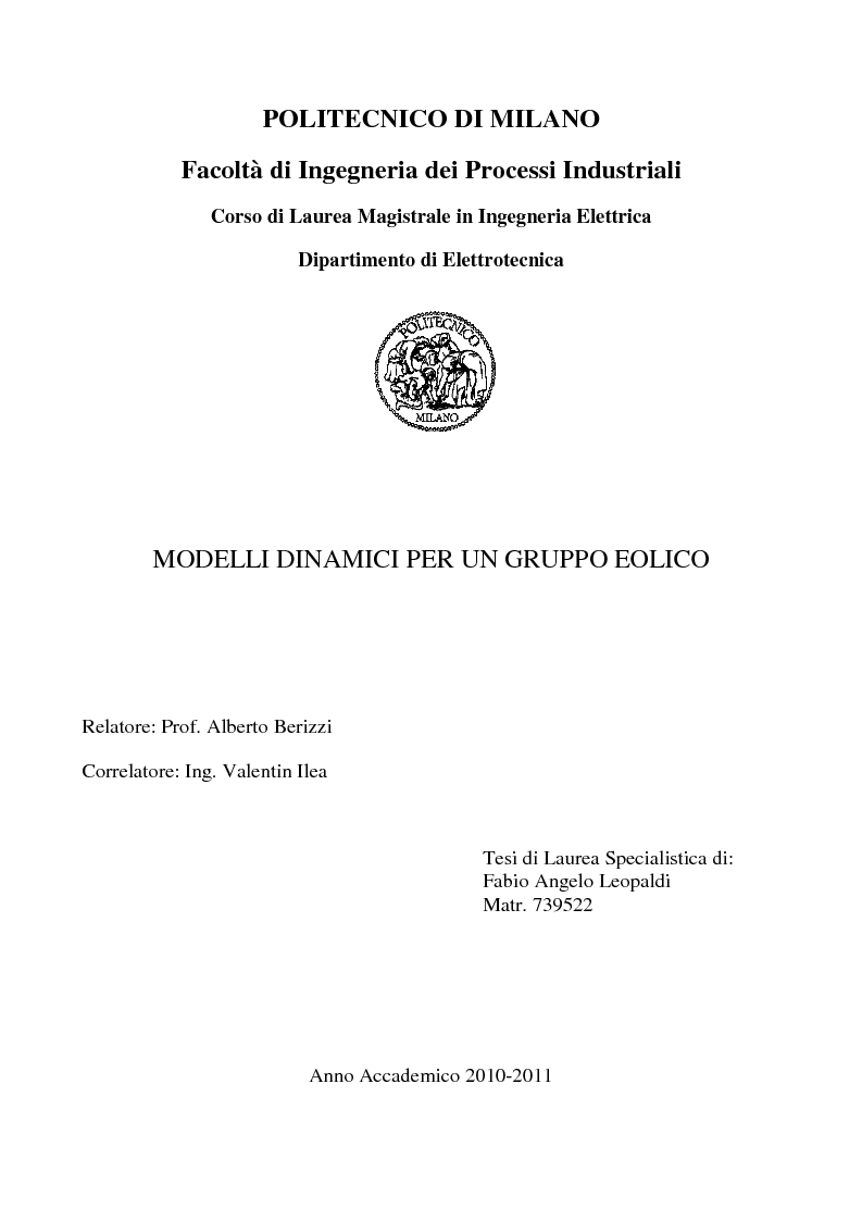 Anteprima della tesi: Modelli dinamici per un gruppo eolico, Pagina 1