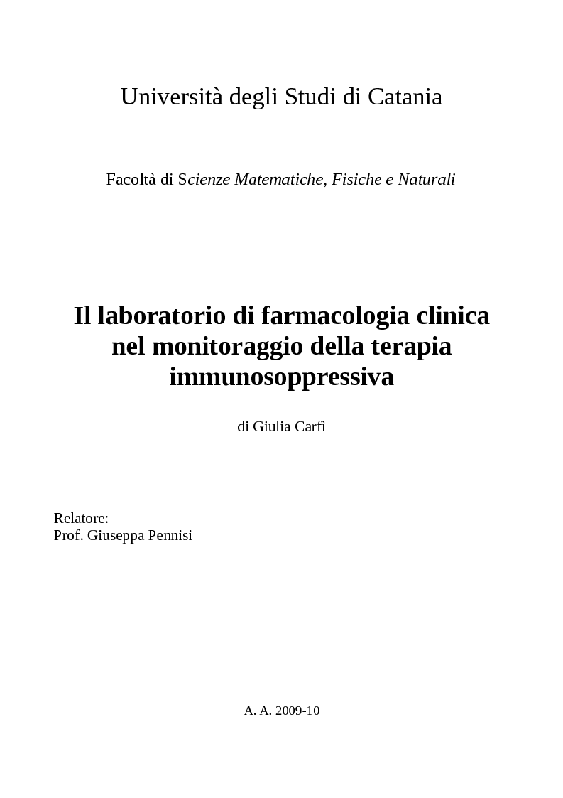 Anteprima della tesi: Il laboratorio di farmacologia clinica nel monitoraggio della terapia immunosoppressiva, Pagina 1