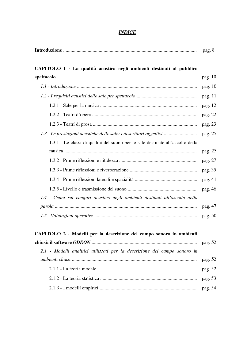 Indice della tesi: La qualità del suono negli ambienti chiusi di grandi dimensioni: valutazione dell’acustica nell’Auditorium RAI di Napoli, Pagina 1