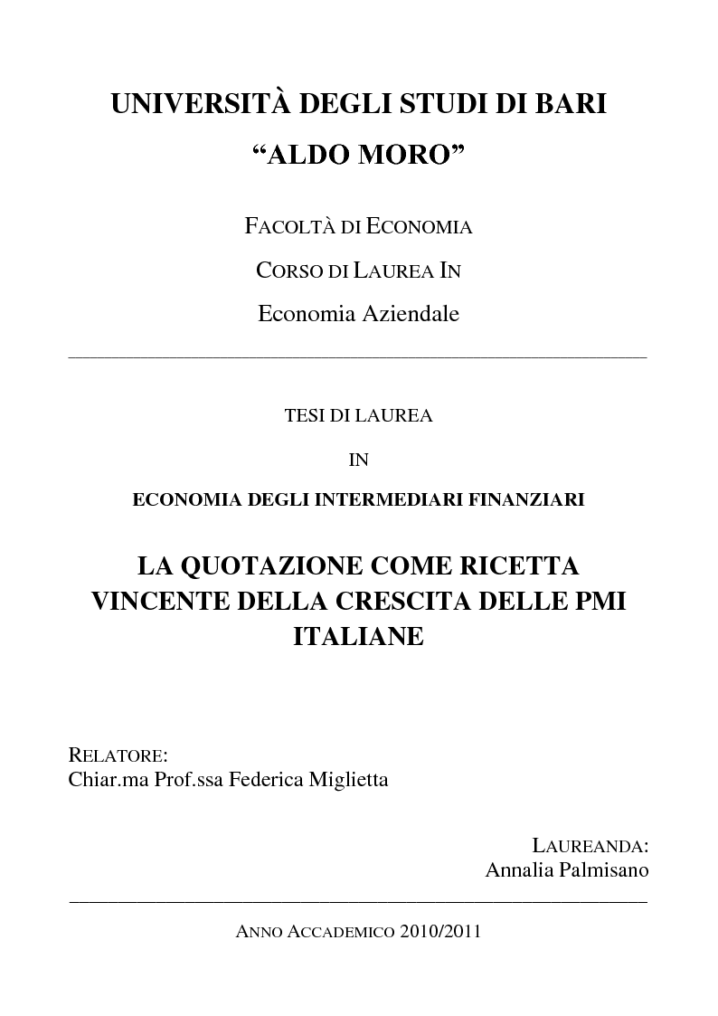 Anteprima della tesi: La quotazione come ricetta vincente della crescita delle PMI italiane, Pagina 1