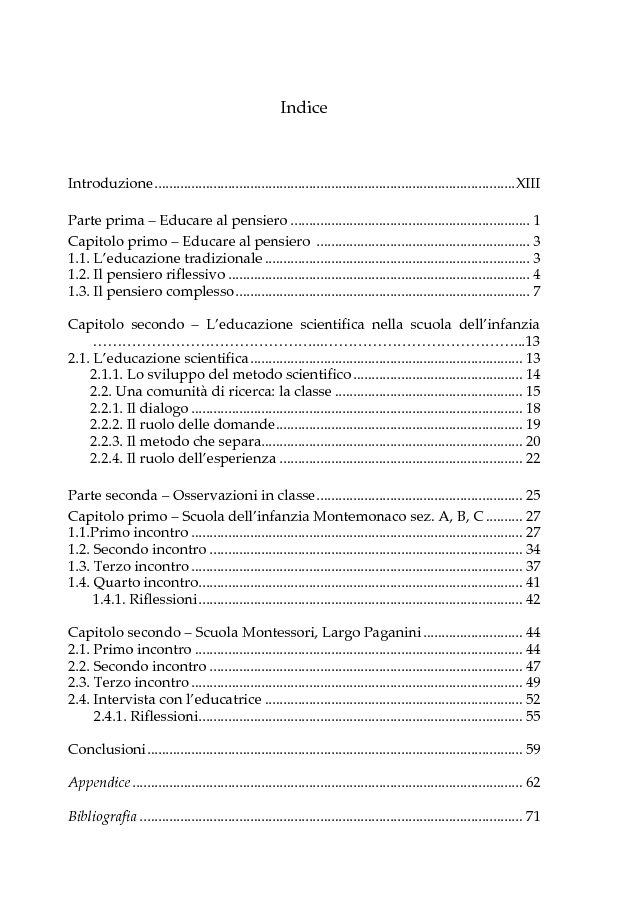 Indice della tesi: L'educazione scientifica nella scuola dell'infanzia per lo sviluppo del pensiero critico del bambino, Pagina 1