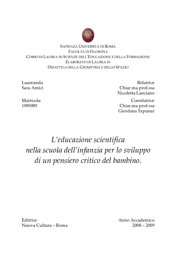 Anteprima della tesi: L'educazione scientifica nella scuola dell'infanzia per lo sviluppo del pensiero critico del bambino, Pagina 1