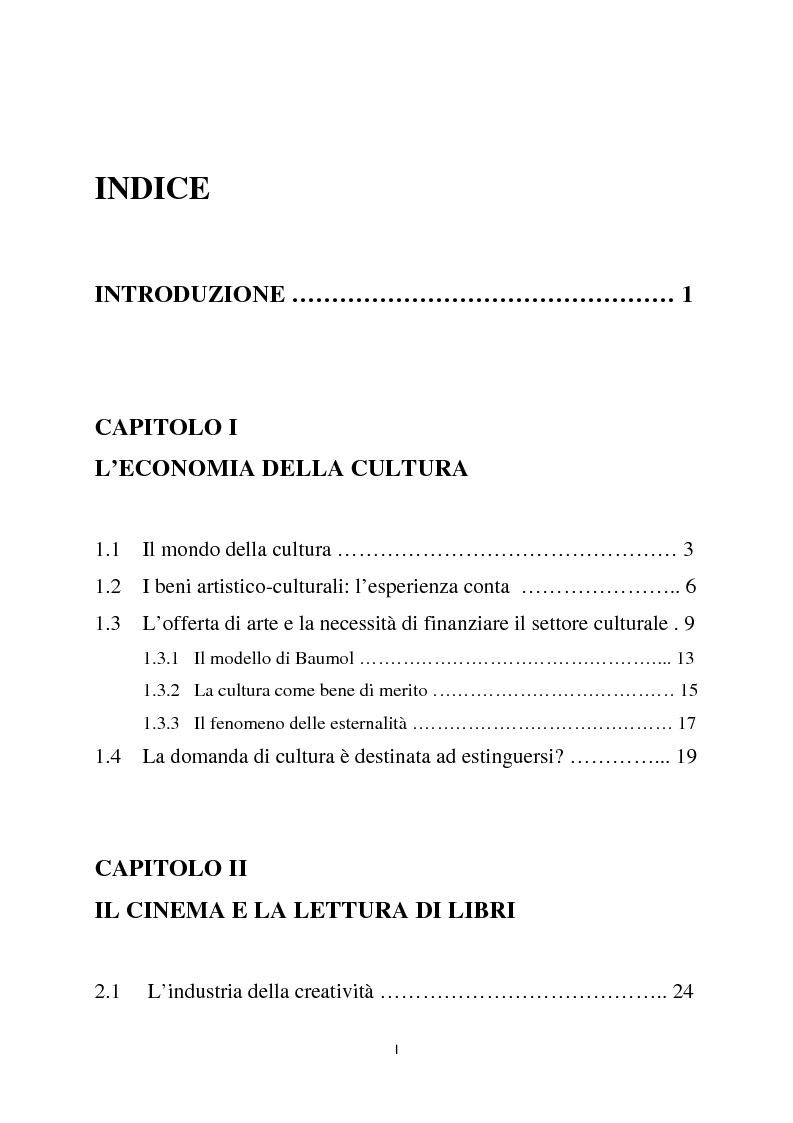 Indice della tesi: Televisione, cultura e cinema in Italia: analisi empirica dei trend di lungo periodo e relazioni intersettoriali, Pagina 1