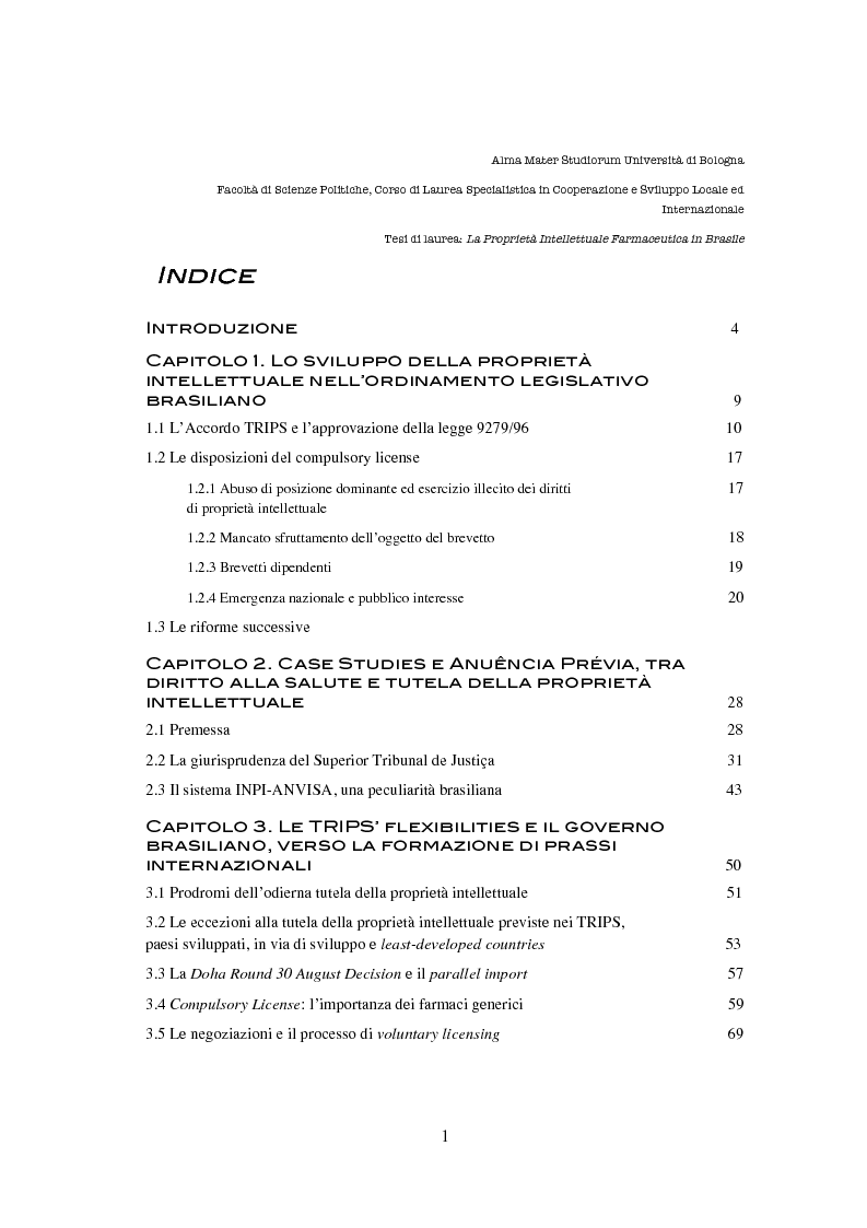 Indice della tesi: La Proprietà Intellettuale Farmaceutica in Brasile, Pagina 1