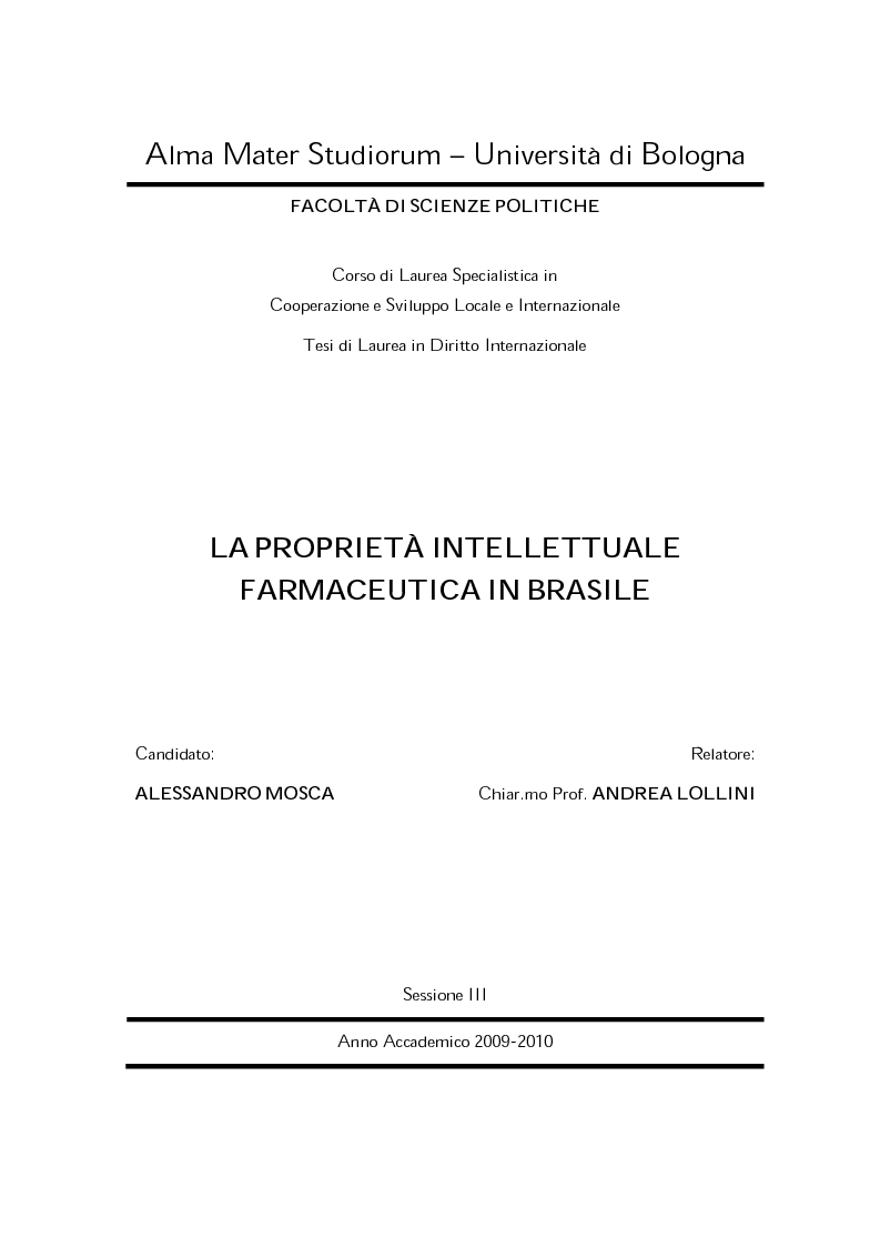 Anteprima della tesi: La Proprietà Intellettuale Farmaceutica in Brasile, Pagina 1