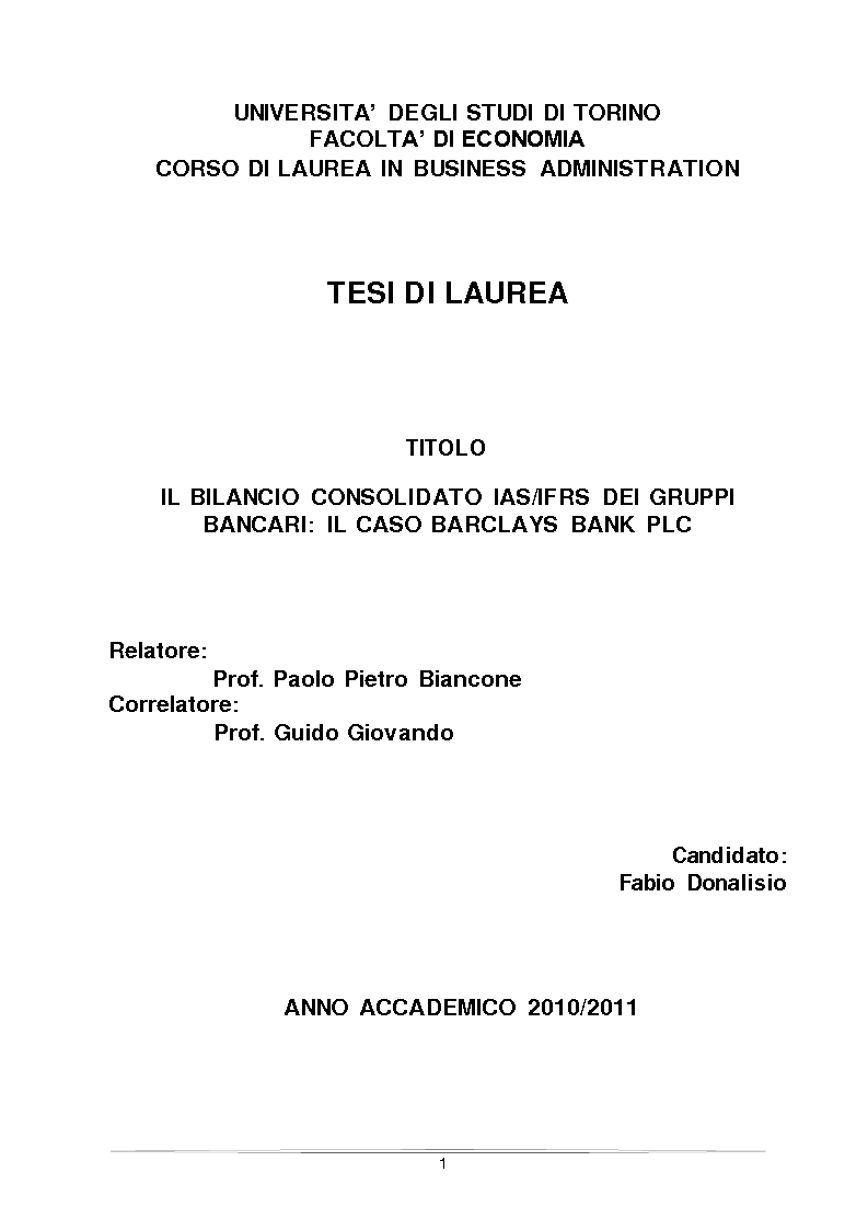 Anteprima della tesi: Il bilancio consolidato IAS/IFRS dei gruppi bancari: il caso Barclays Bank PLC, Pagina 1
