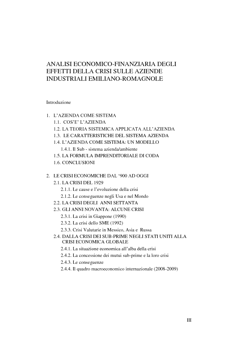 Indice della tesi: Analisi economico-finanziaria degli effetti della crisi sulle aziende industriali emiliano-romagnole, Pagina 1