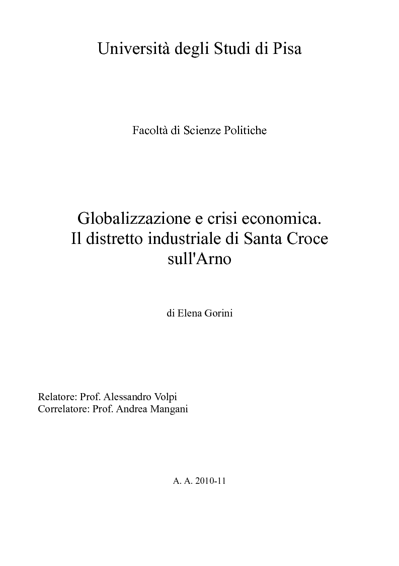 Anteprima della tesi: Globalizzazione e crisi economica. Il distretto industriale di Santa Croce sull'Arno, Pagina 1