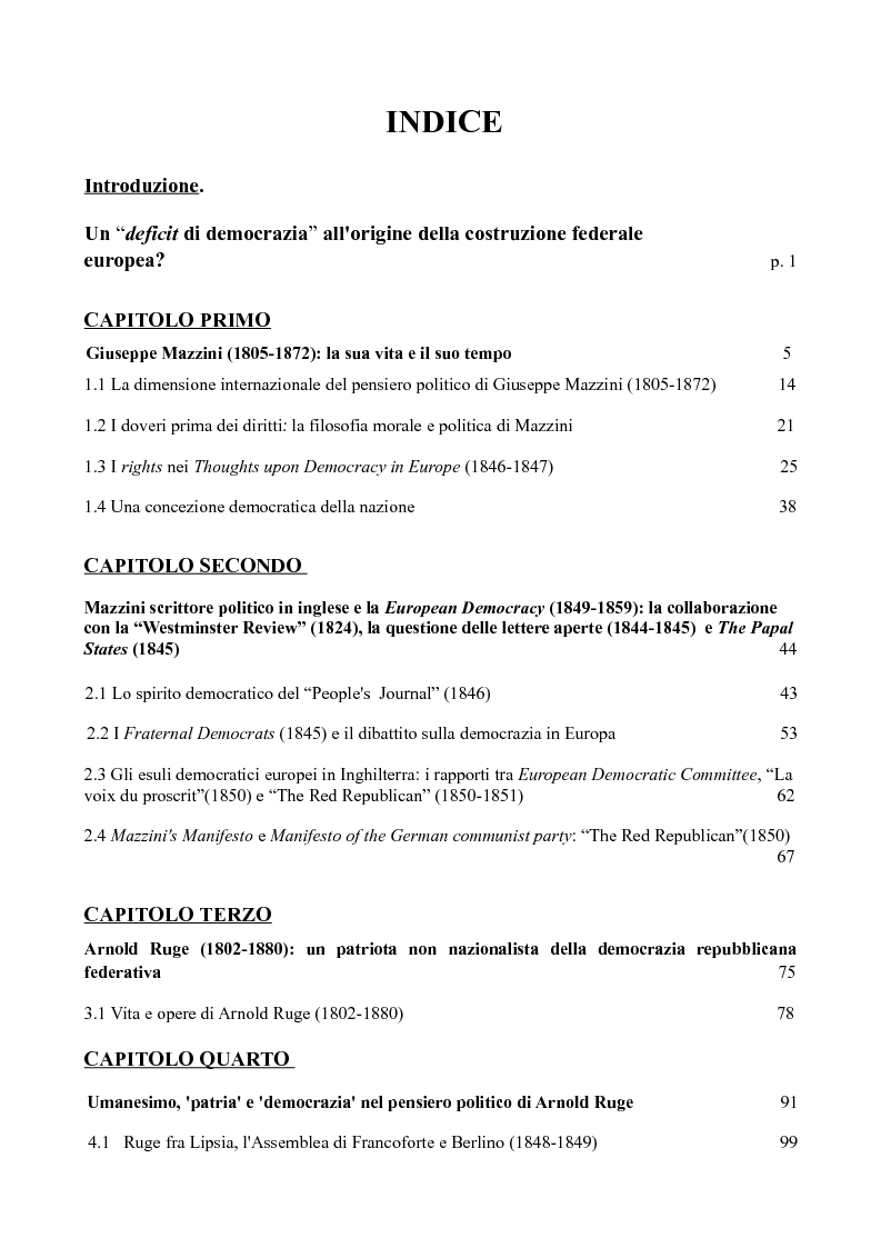 Indice della tesi: Il contributo di Arnold Ruge al progetto mazziniano di European Democracy, Pagina 1