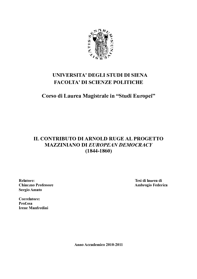 Anteprima della tesi: Il contributo di Arnold Ruge al progetto mazziniano di European Democracy, Pagina 1