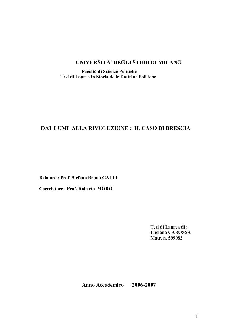 Anteprima della tesi: Dai Lumi alla Rivoluzione: il caso di Brescia, Pagina 1
