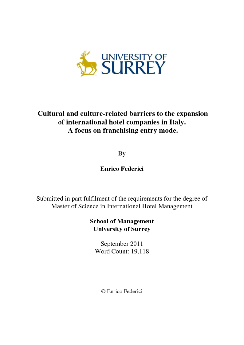 Anteprima della tesi: Cultural and culture-related barriers to the expansion of international hotel companies in Italy. A focus on franchising entry mode., Pagina 1