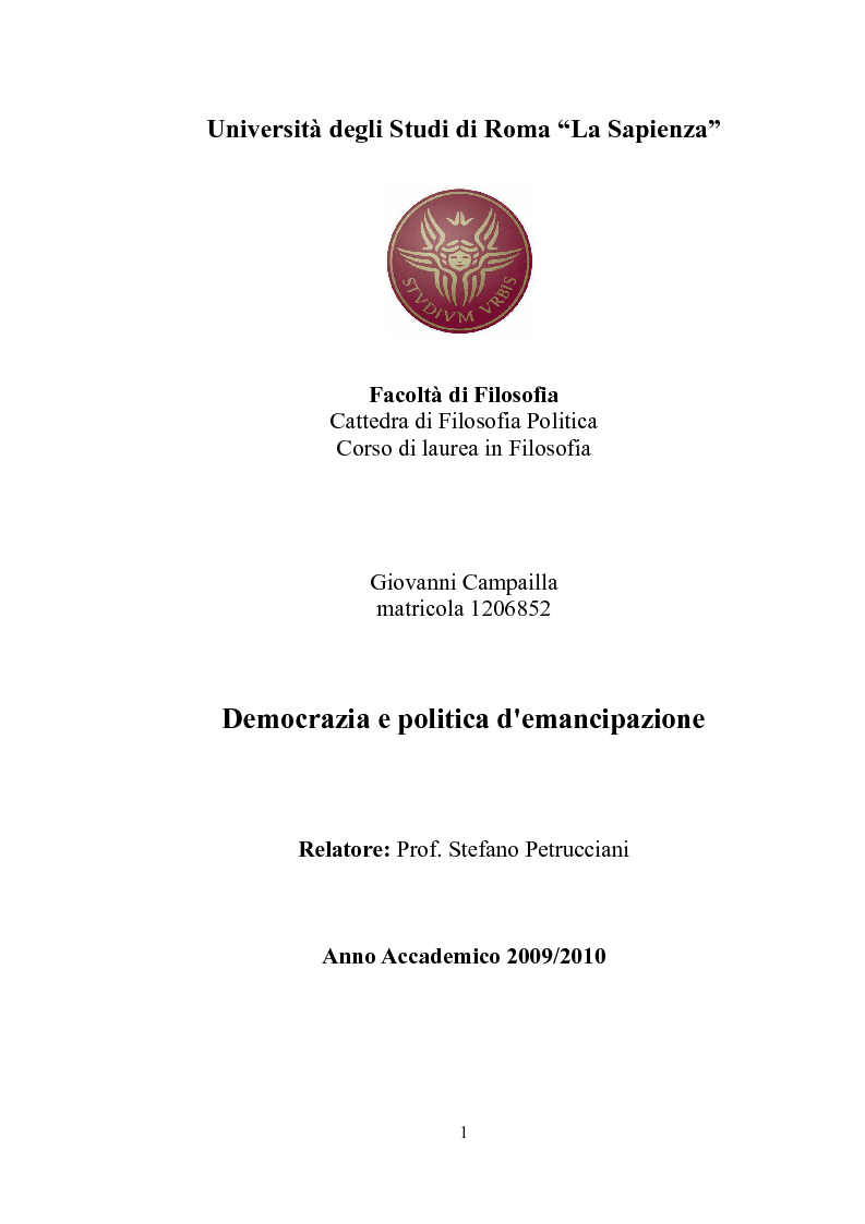 Anteprima della tesi: Democrazia e politica d'emancipazione, Pagina 1