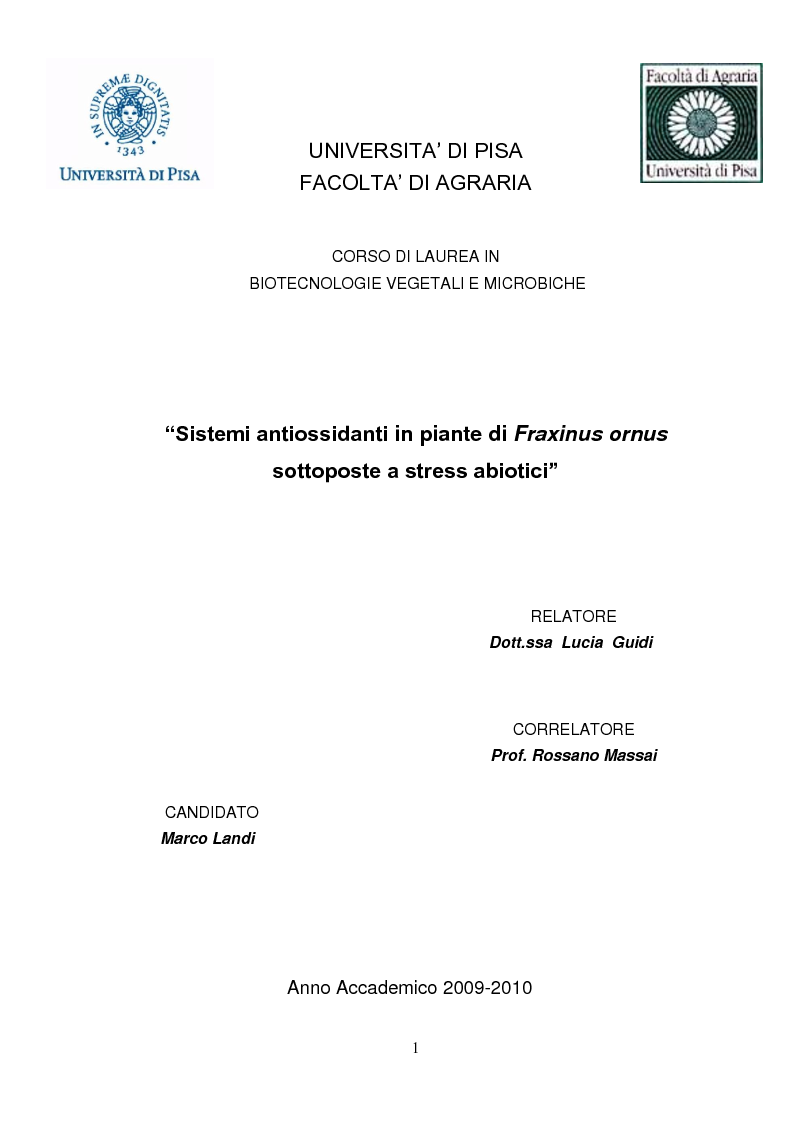 Anteprima della tesi: Sistemi antiossidanti in piante di Fraxinus ornus sottoposte a stress abiotici, Pagina 1