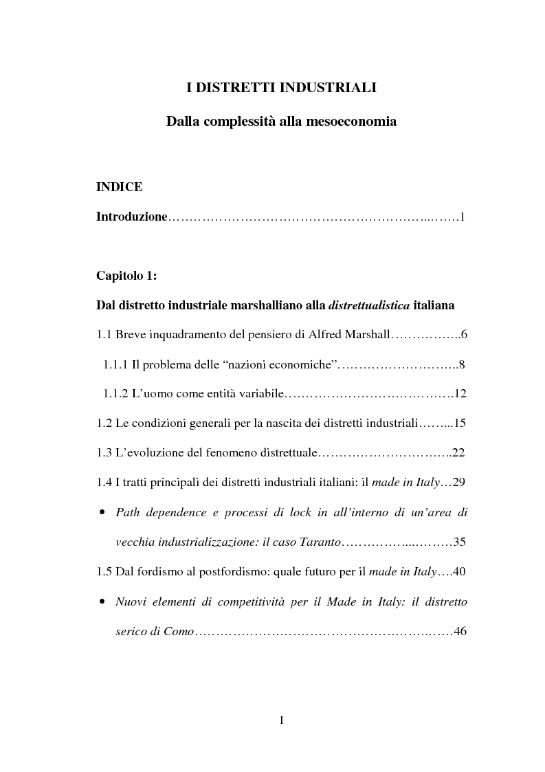 Indice della tesi: I distretti industriali - Dalla complessità alla mesoeconomia, Pagina 1