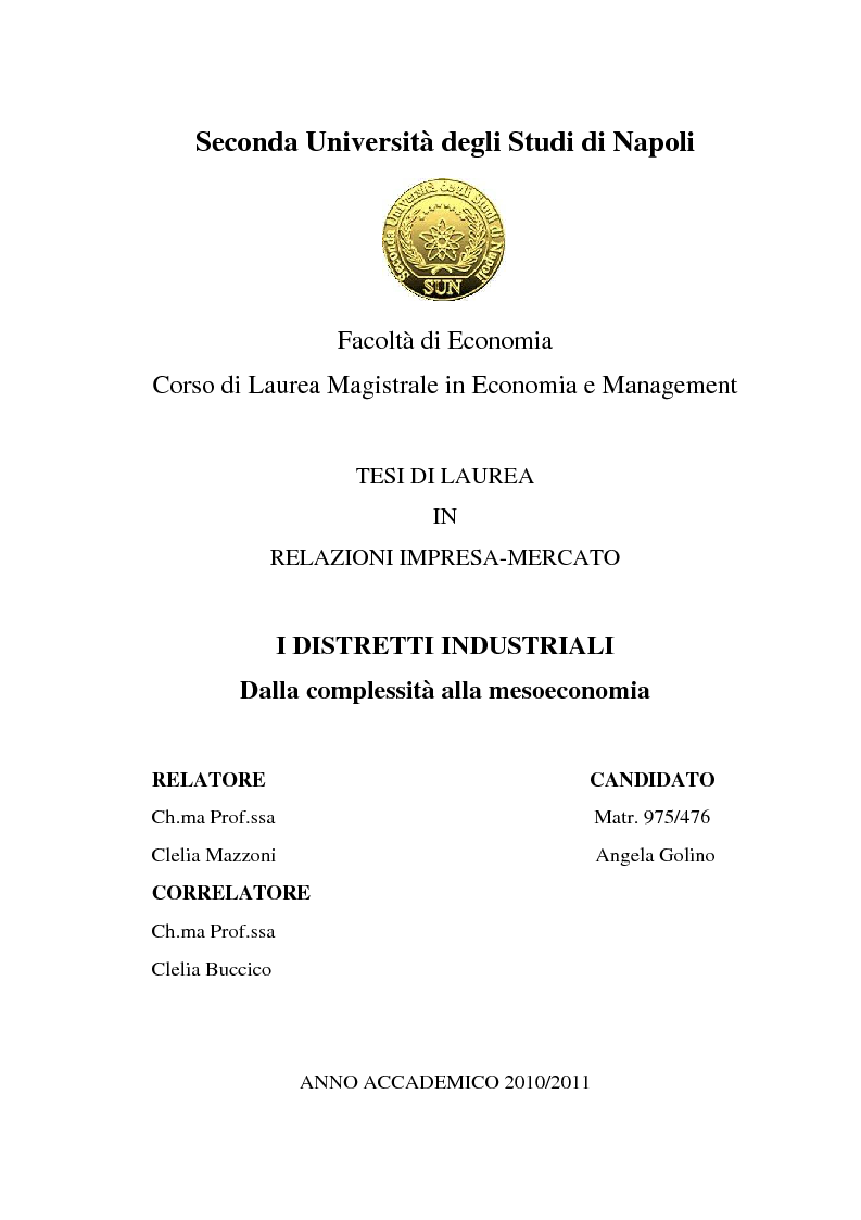 Anteprima della tesi: I distretti industriali - Dalla complessità alla mesoeconomia, Pagina 1