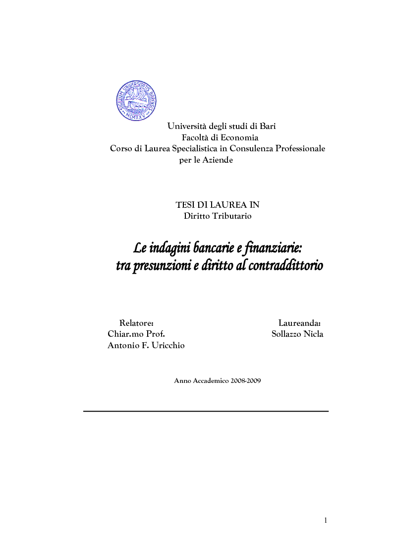 Anteprima della tesi: Le indagini bancarie e finanziarie: tra presunzioni e diritto al contraddittorio, Pagina 1