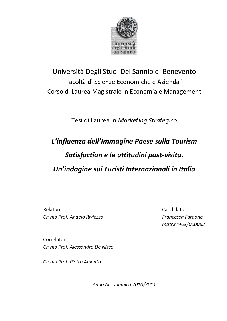 Anteprima della tesi: L’influenza dell’Immagine Paese sulla Tourism Satisfaction e le attitudini post-visita. Un’indagine sui Turisti Internazionali in Italia, Pagina 1