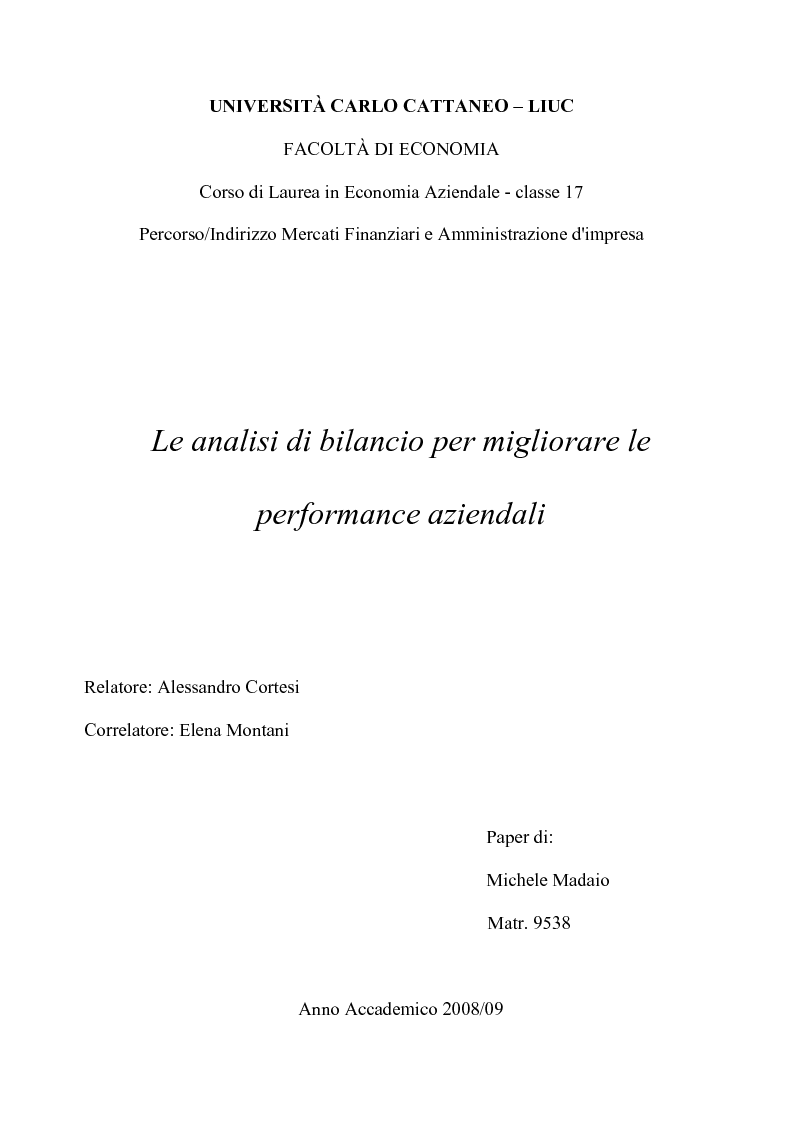 Anteprima della tesi: Le analisi di bilancio per migliorare le performance aziendali, Pagina 1