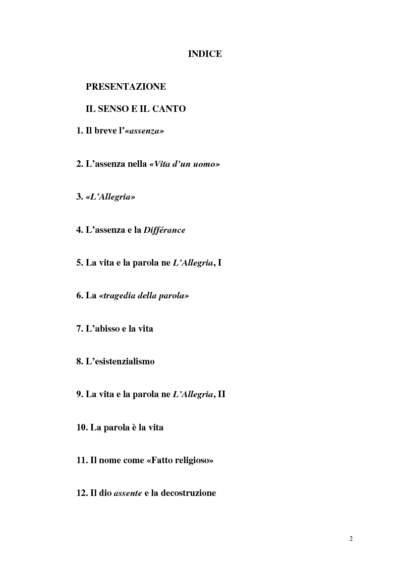 Indice della tesi: Ungaretti e l'Allegria, poesia come indizio, Pagina 1