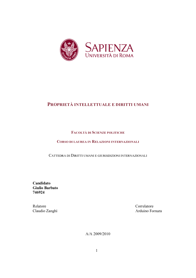 Anteprima della tesi: Proprietà intellettuale e diritti umani, Pagina 1