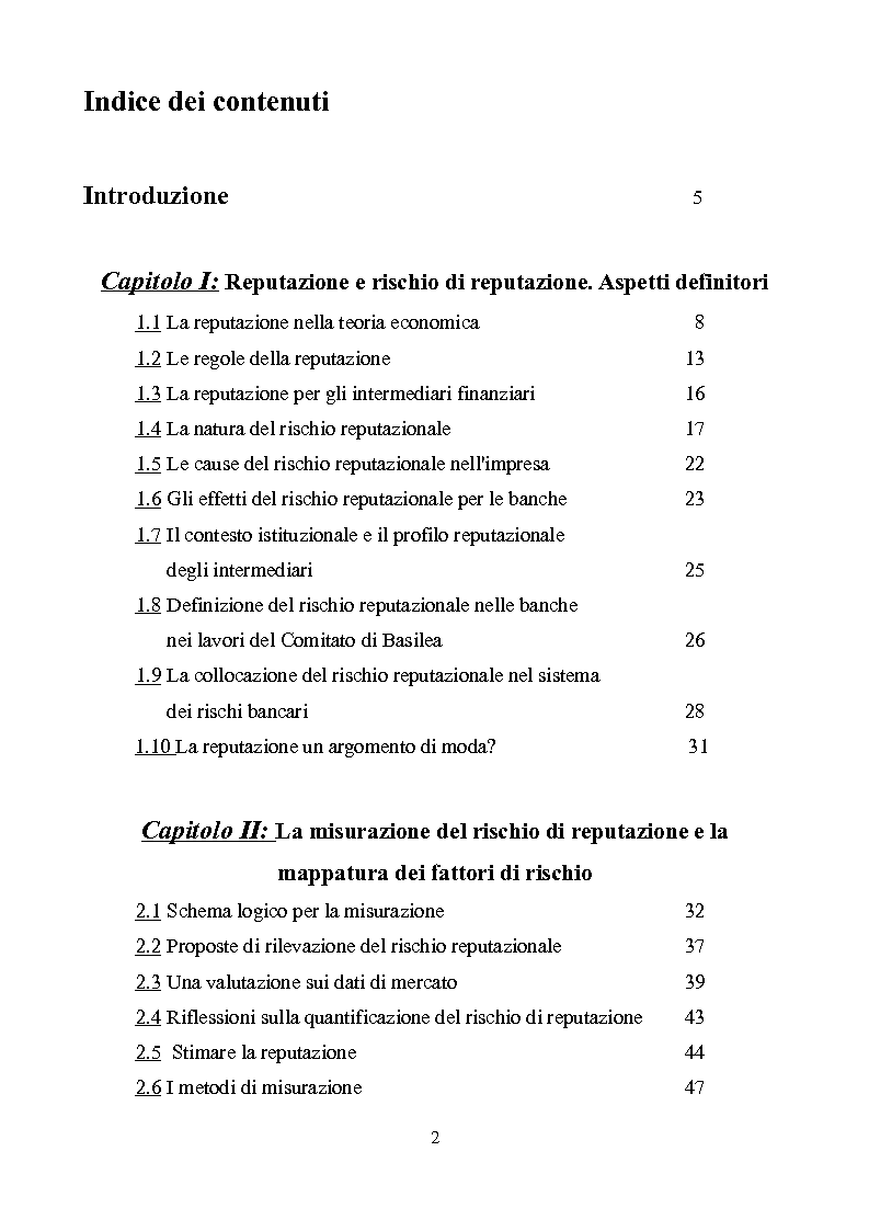 Indice della tesi: Il rischio di reputazione nelle banche: gestione, regolamentazione e casi, Pagina 1