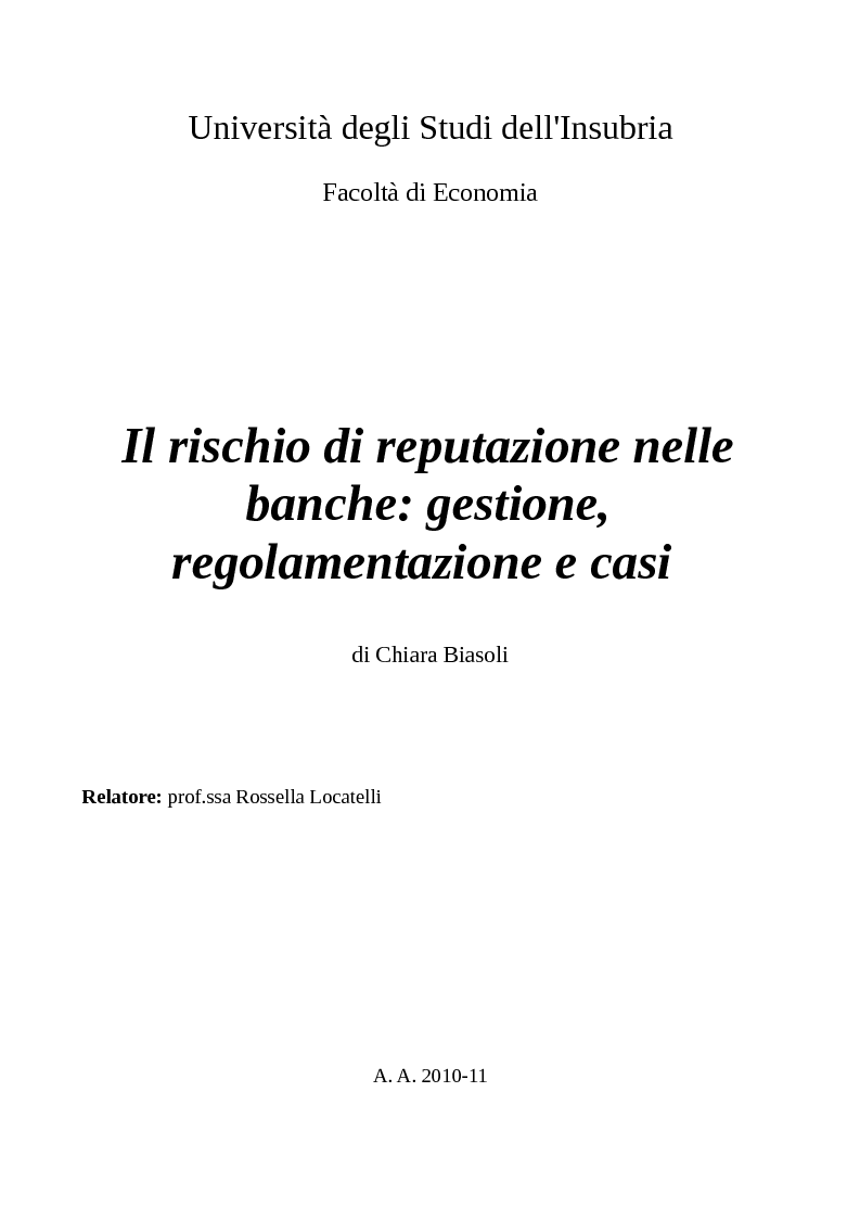 Anteprima della tesi: Il rischio di reputazione nelle banche: gestione, regolamentazione e casi, Pagina 1