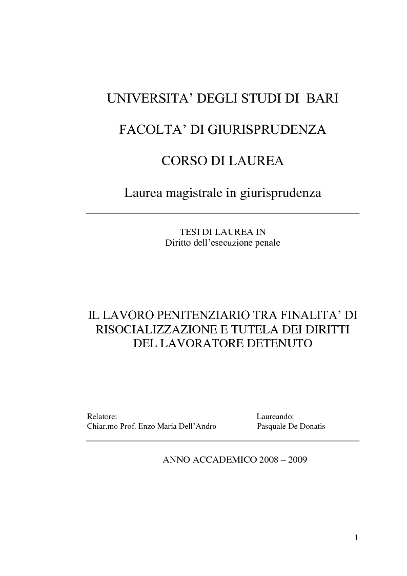 Anteprima della tesi: Il lavoro penitenziario tra finalità di risocializzazione e tutela dei diritti del lavoratore detenuto, Pagina 1
