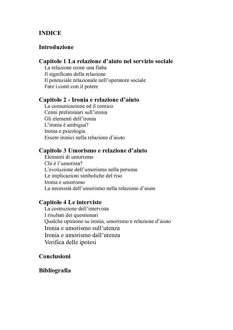Indice della tesi: 'C'è poco da ridere'. Ironia e umorismo nella relazione d'aiuto, Pagina 1