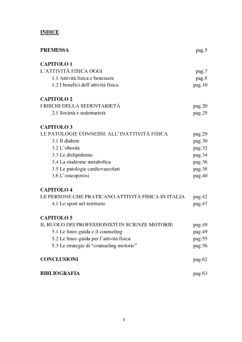 Indice della tesi: I rischi dell'inattività fisica per la salute, Pagina 1